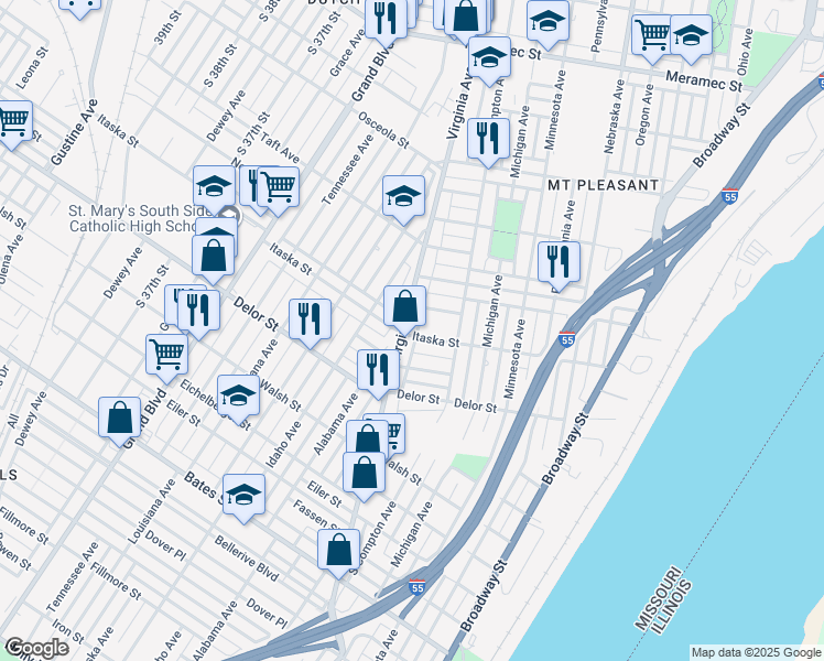 map of restaurants, bars, coffee shops, grocery stores, and more near 3512 Pulaski Street in St. Louis