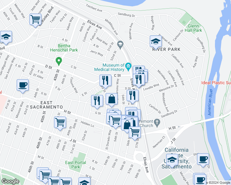 map of restaurants, bars, coffee shops, grocery stores, and more near 424 Lagomarsino Way in Sacramento