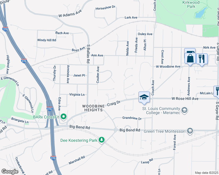 map of restaurants, bars, coffee shops, grocery stores, and more near 1511 Coulter Forest in Kirkwood