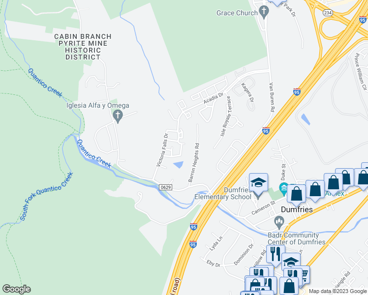 map of restaurants, bars, coffee shops, grocery stores, and more near 17605 Harpers Ferry Drive in Dumfries