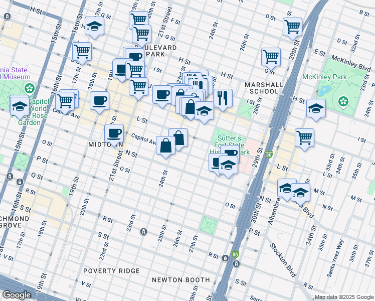 map of restaurants, bars, coffee shops, grocery stores, and more near 2430 L Street in Sacramento