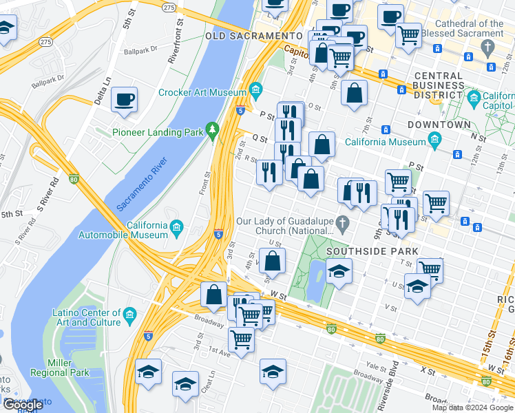 map of restaurants, bars, coffee shops, grocery stores, and more near 315 T Street in Sacramento