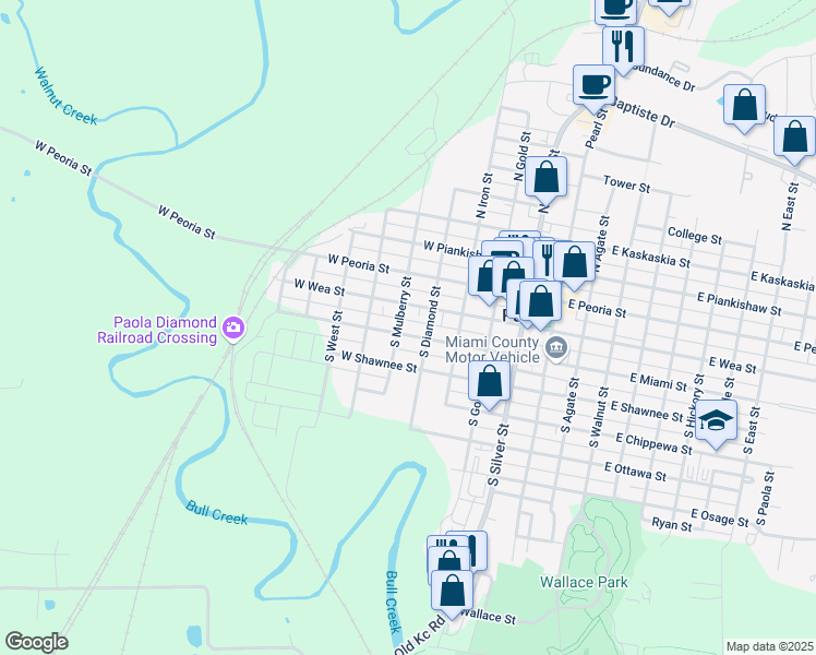 map of restaurants, bars, coffee shops, grocery stores, and more near 501 West Wea Street in Paola