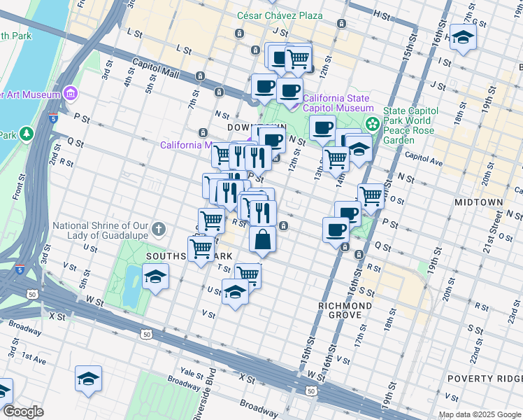map of restaurants, bars, coffee shops, grocery stores, and more near 1102 Q Street in Sacramento