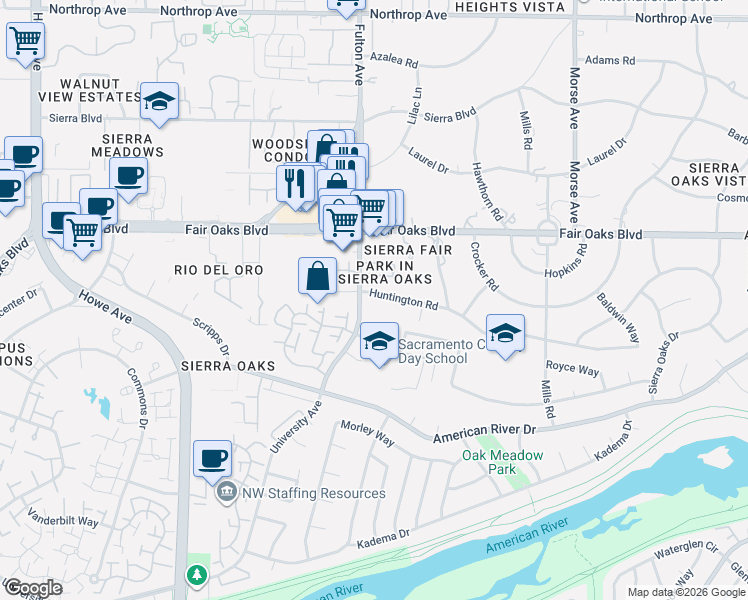 map of restaurants, bars, coffee shops, grocery stores, and more near 300 Munroe Street in Sacramento