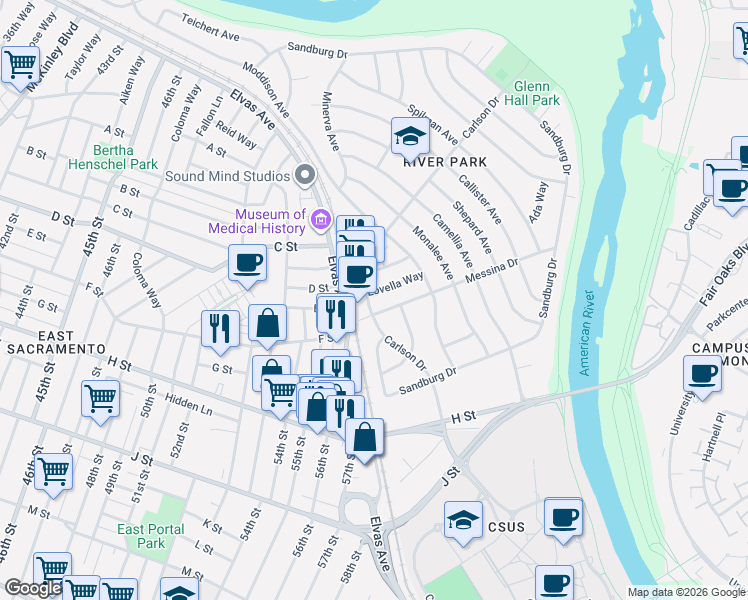 map of restaurants, bars, coffee shops, grocery stores, and more near 5491 Carlson Drive in Sacramento