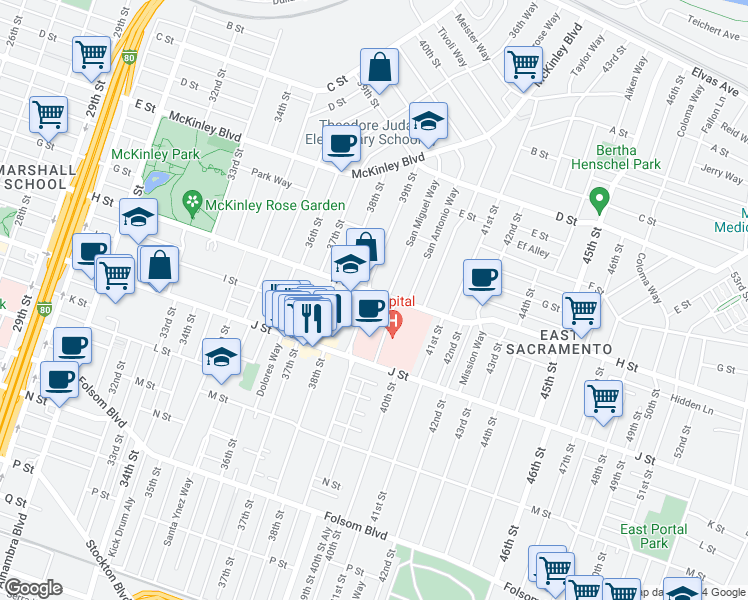 map of restaurants, bars, coffee shops, grocery stores, and more near 721 39th Street in Sacramento