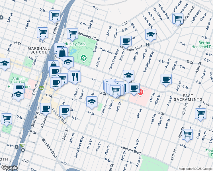 map of restaurants, bars, coffee shops, grocery stores, and more near 842 36th Street in Sacramento