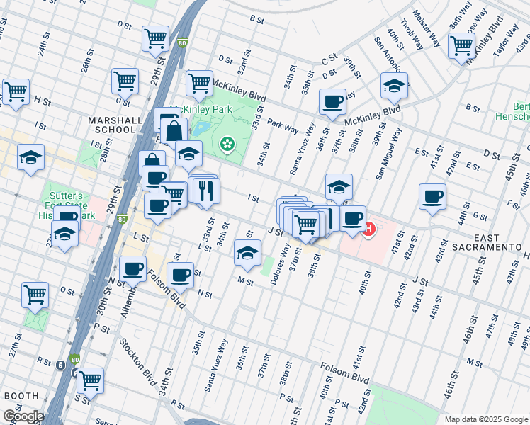 map of restaurants, bars, coffee shops, grocery stores, and more near 903 35th Street in Sacramento