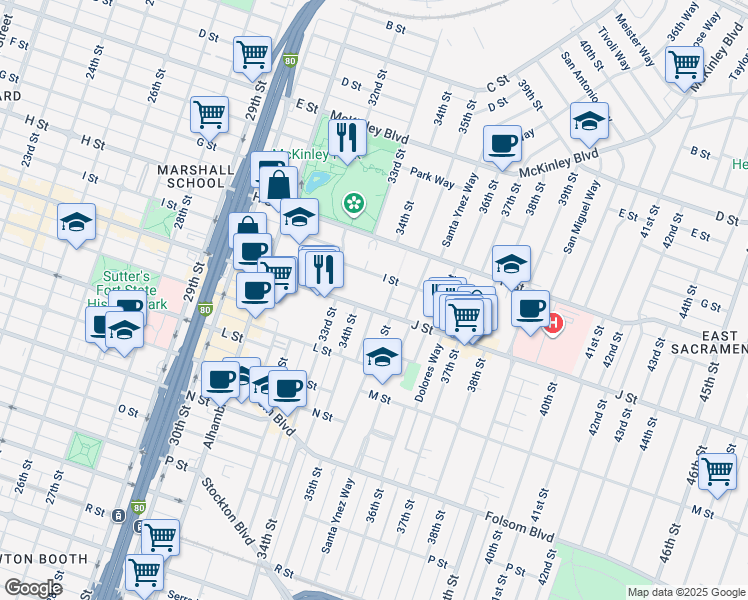 map of restaurants, bars, coffee shops, grocery stores, and more near 3400 I Street in Sacramento
