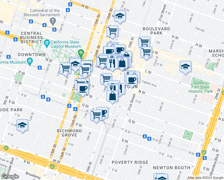 map of restaurants, bars, coffee shops, grocery stores, and more near 1830 N Street in Sacramento