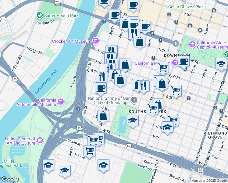 map of restaurants, bars, coffee shops, grocery stores, and more near in Sacramento