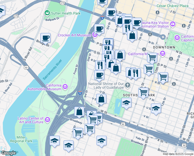 map of restaurants, bars, coffee shops, grocery stores, and more near 360 S Street in Sacramento