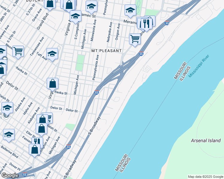 map of restaurants, bars, coffee shops, grocery stores, and more near 2821 Mount Pleasant Street in St. Louis