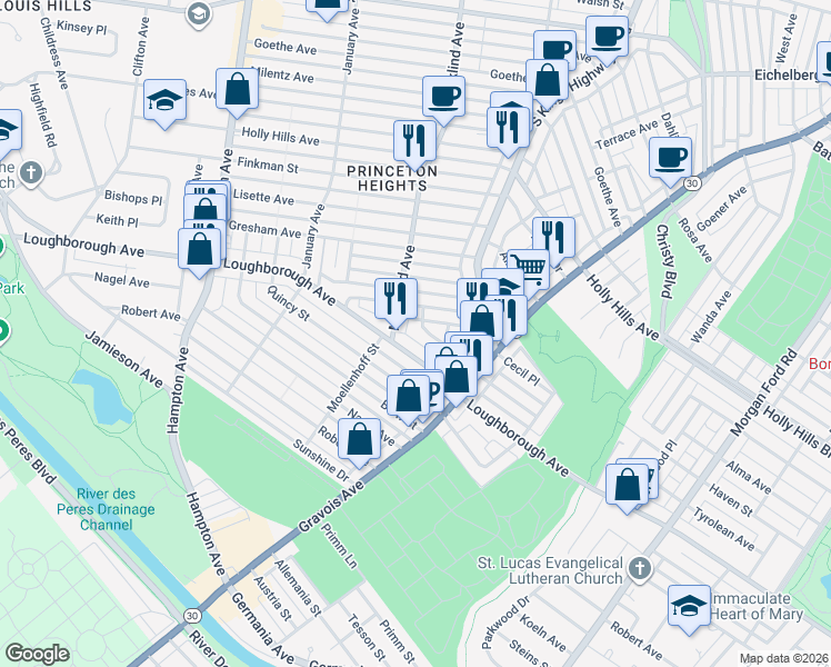 map of restaurants, bars, coffee shops, grocery stores, and more near 4962 Schollmeyer Avenue in St. Louis