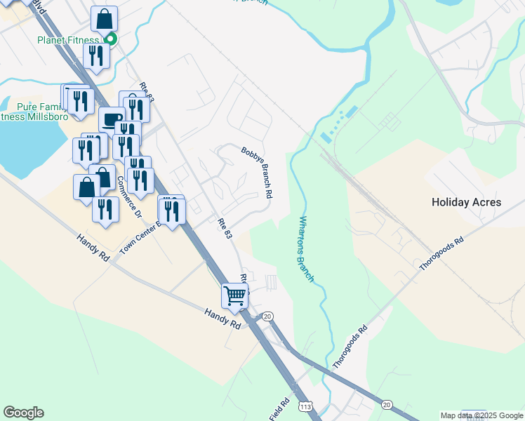 map of restaurants, bars, coffee shops, grocery stores, and more near 157 Bobbys Branch Road in Millsboro