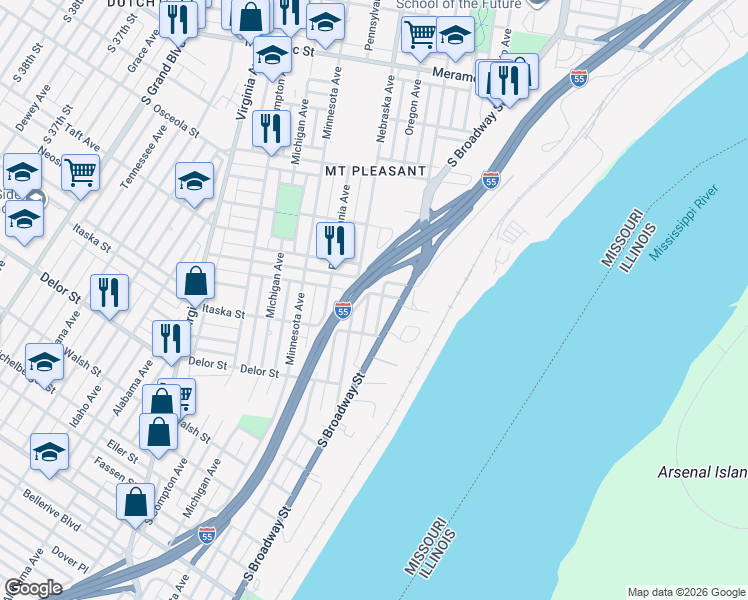 map of restaurants, bars, coffee shops, grocery stores, and more near 2821 Mount Pleasant Street in St. Louis