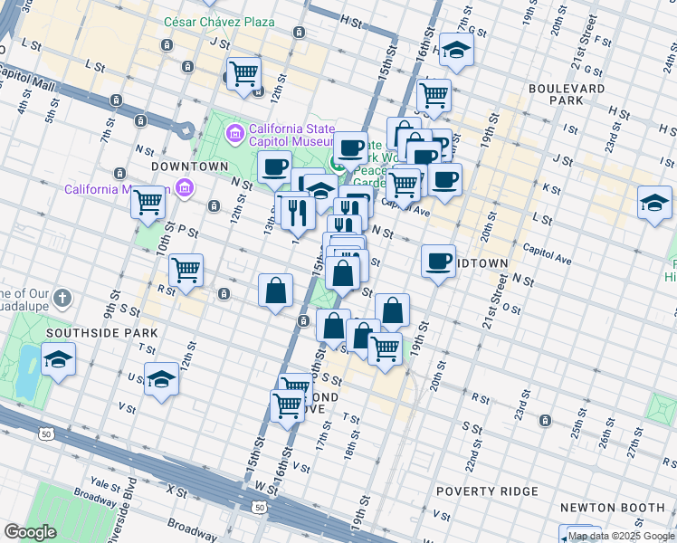 map of restaurants, bars, coffee shops, grocery stores, and more near 1520 16th Street in Sacramento