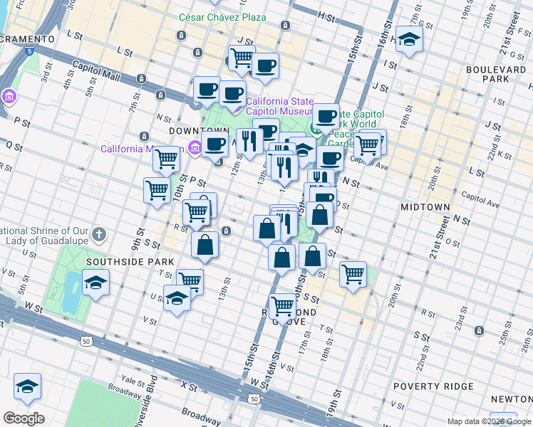 map of restaurants, bars, coffee shops, grocery stores, and more near 1320 P Street in Sacramento