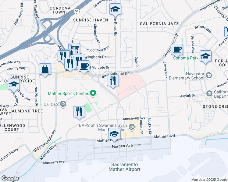 map of restaurants, bars, coffee shops, grocery stores, and more near 3577 Mather Field Road in Rancho Cordova
