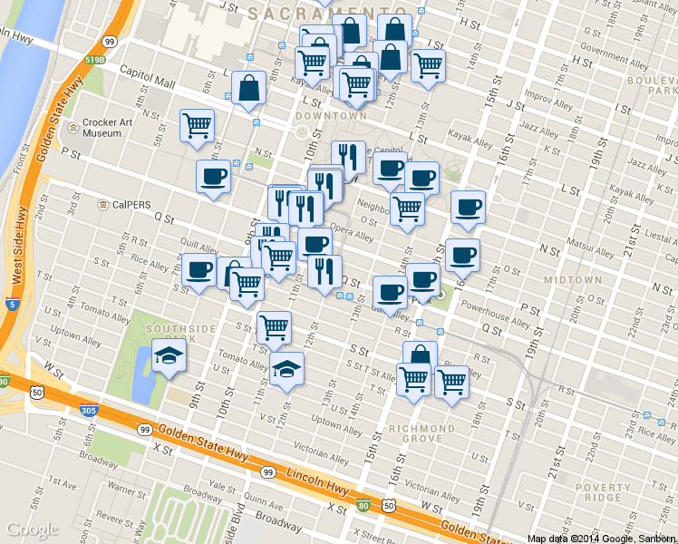map of restaurants, bars, coffee shops, grocery stores, and more near 1205 Q Street in Sacramento