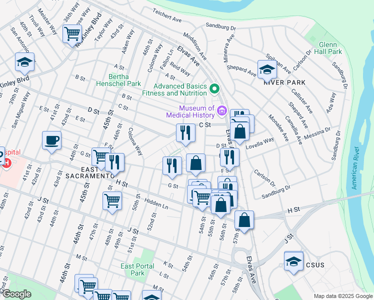 map of restaurants, bars, coffee shops, grocery stores, and more near 5209 Sutter Park Way in Sacramento