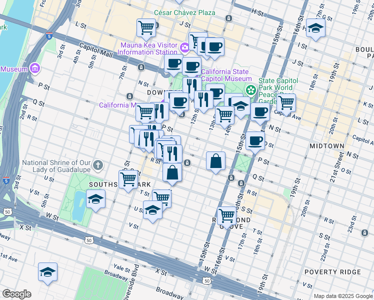 map of restaurants, bars, coffee shops, grocery stores, and more near 1205 Q Street in Sacramento