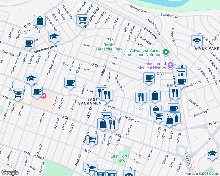 map of restaurants, bars, coffee shops, grocery stores, and more near 530 Pico Way in Sacramento