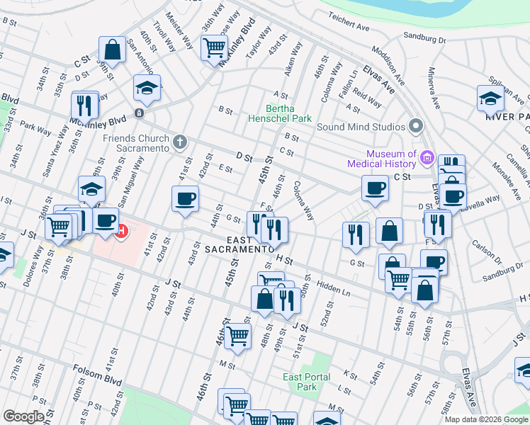 map of restaurants, bars, coffee shops, grocery stores, and more near 561 45th Street in Sacramento