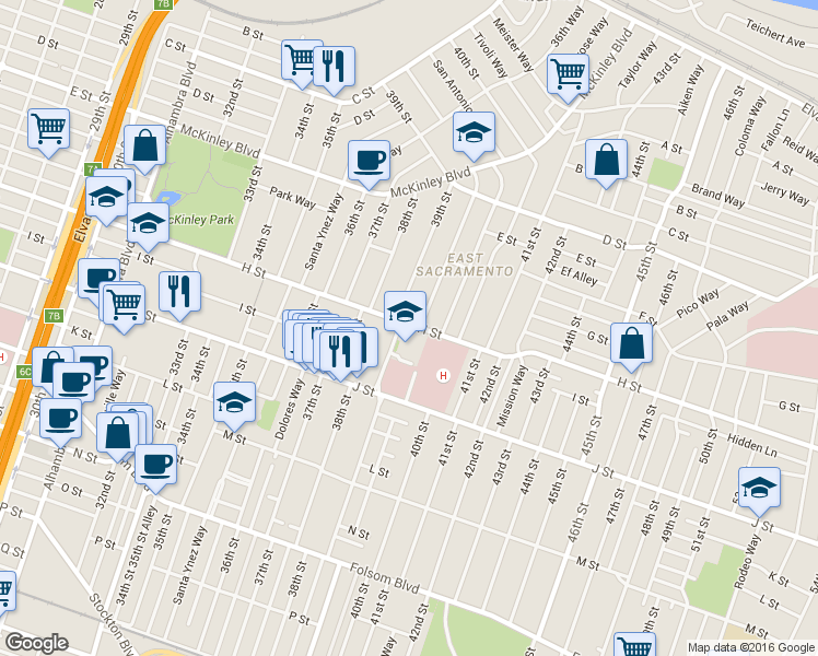 map of restaurants, bars, coffee shops, grocery stores, and more near 721 39th Street in Sacramento
