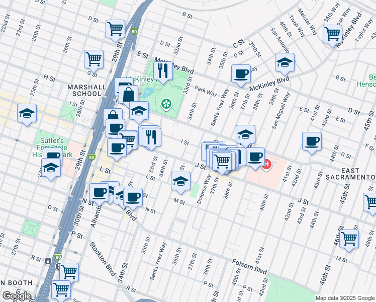 map of restaurants, bars, coffee shops, grocery stores, and more near 903 35th Street in Sacramento