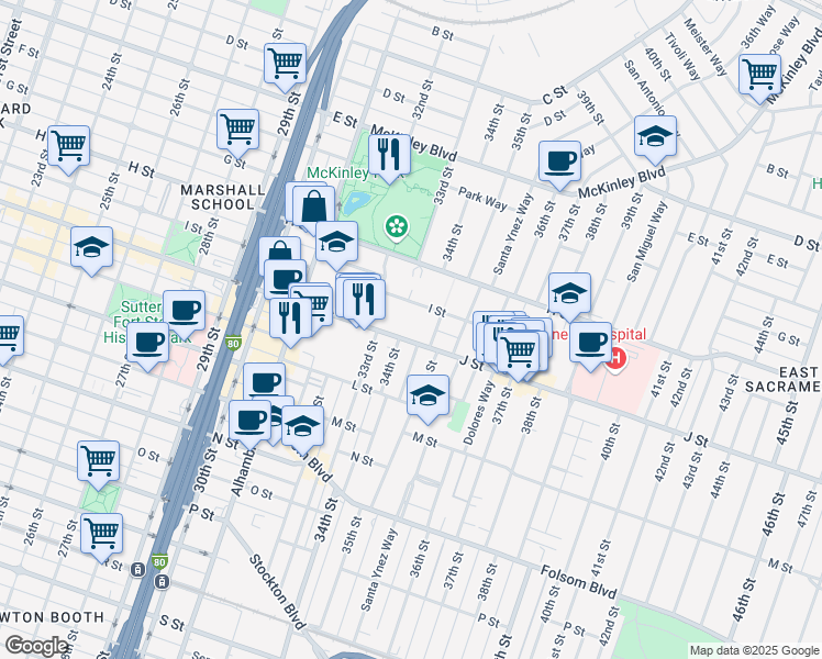 map of restaurants, bars, coffee shops, grocery stores, and more near 3400 I Street in Sacramento