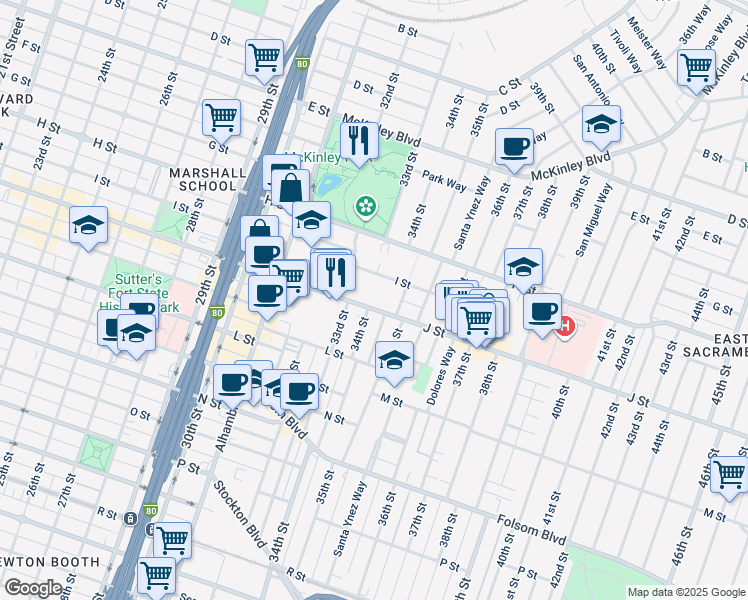 map of restaurants, bars, coffee shops, grocery stores, and more near 3400 I Street in Sacramento