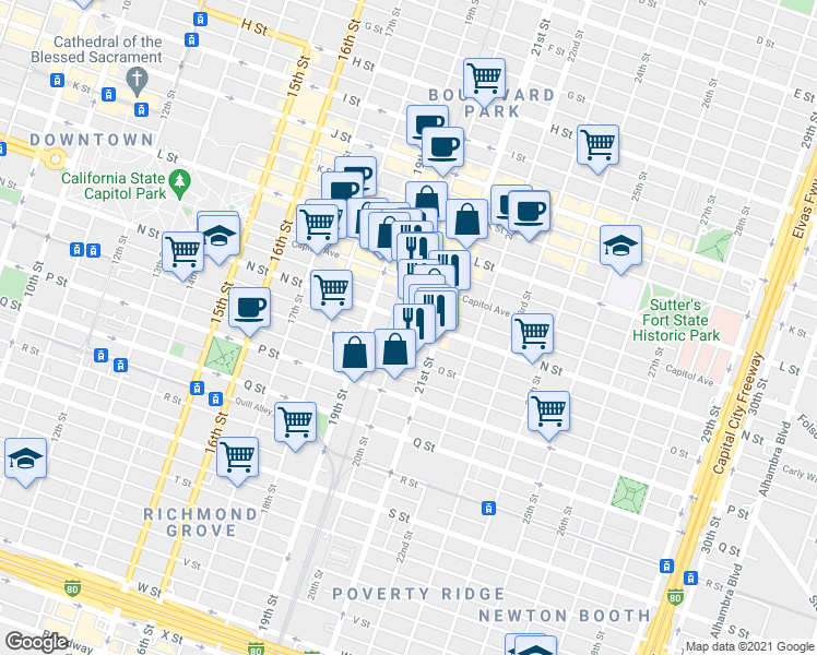 map of restaurants, bars, coffee shops, grocery stores, and more near in Sacramento