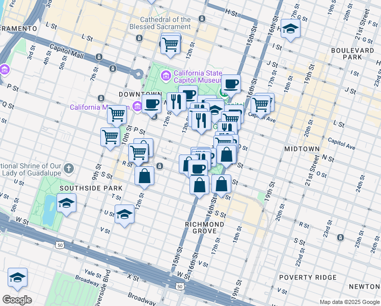 map of restaurants, bars, coffee shops, grocery stores, and more near 1331 P Street in Sacramento