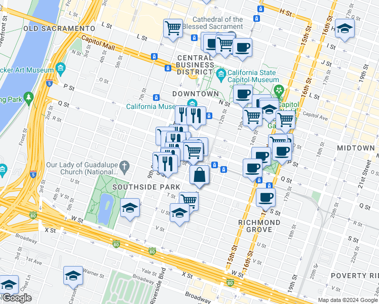 map of restaurants, bars, coffee shops, grocery stores, and more near 1035 Q Street in Sacramento