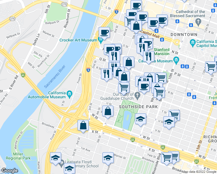 map of restaurants, bars, coffee shops, grocery stores, and more near 360 S Street in Sacramento