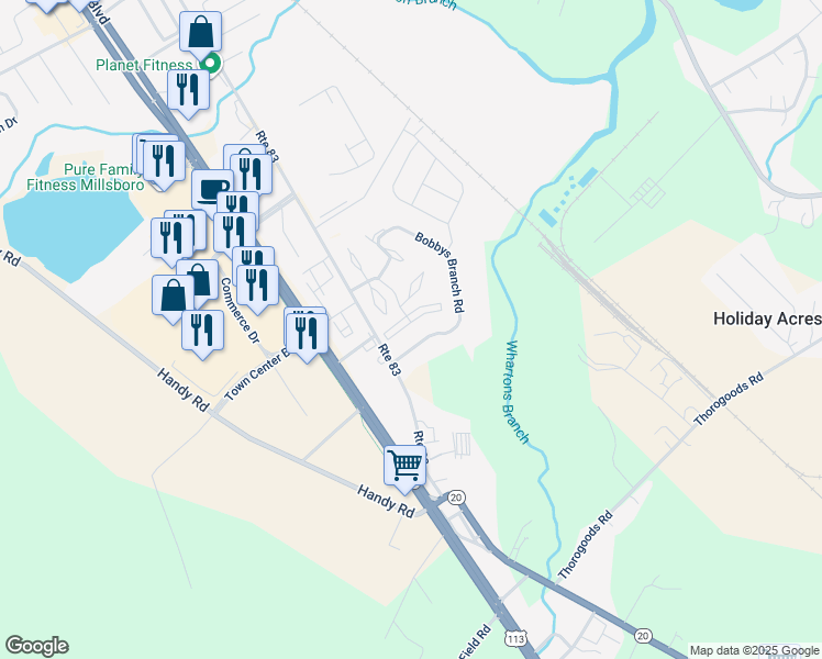 map of restaurants, bars, coffee shops, grocery stores, and more near 4301 Caitlins Way in Millsboro