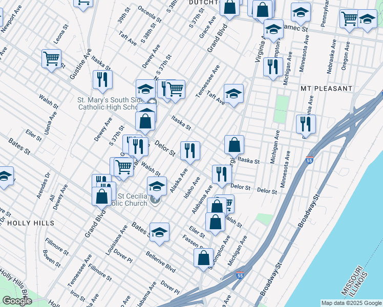 map of restaurants, bars, coffee shops, grocery stores, and more near 4730 Louisiana Avenue in St. Louis