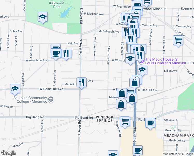 map of restaurants, bars, coffee shops, grocery stores, and more near 324 Rose Lane in Kirkwood