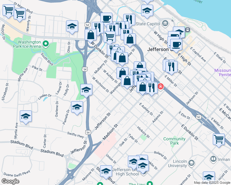 map of restaurants, bars, coffee shops, grocery stores, and more near 801 Washington Street in Jefferson City