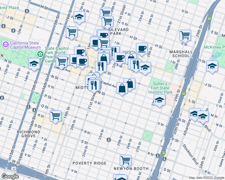 map of restaurants, bars, coffee shops, grocery stores, and more near 2223 Capitol Avenue in Sacramento