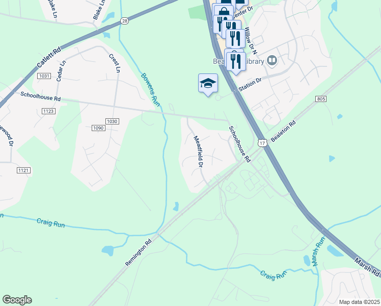 map of restaurants, bars, coffee shops, grocery stores, and more near 6430 Waterdale Court in Bealeton