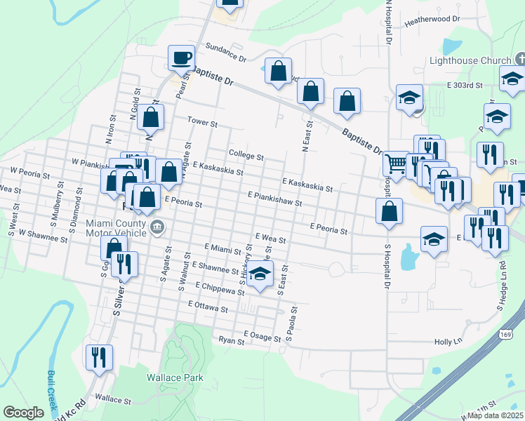 map of restaurants, bars, coffee shops, grocery stores, and more near 407 East Piankishaw Street in Paola