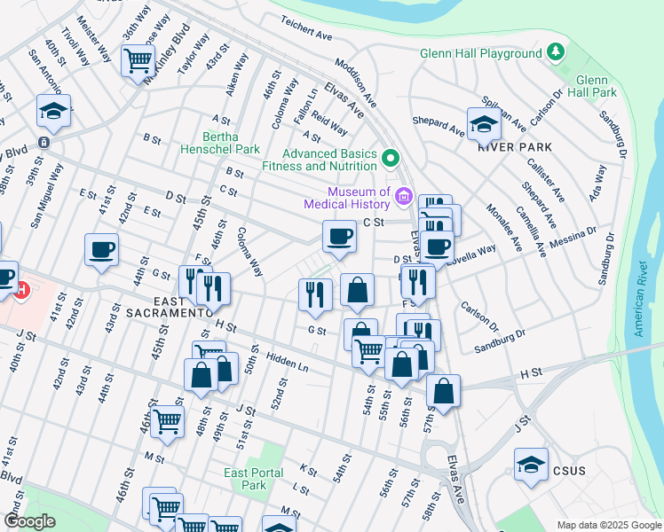 map of restaurants, bars, coffee shops, grocery stores, and more near 506 53rd Street in Sacramento