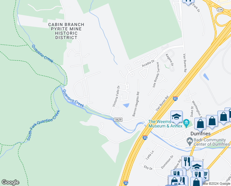 map of restaurants, bars, coffee shops, grocery stores, and more near 17562 Victoria Falls Drive in Dumfries