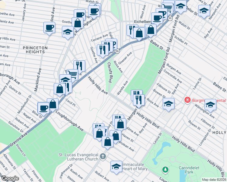 map of restaurants, bars, coffee shops, grocery stores, and more near 6203 Federer Street in St. Louis