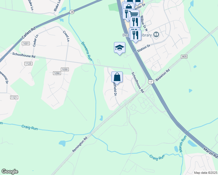 map of restaurants, bars, coffee shops, grocery stores, and more near 6430 Waterdale Court in Bealeton