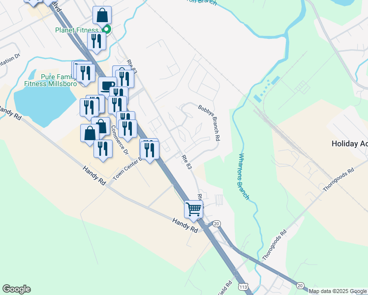 map of restaurants, bars, coffee shops, grocery stores, and more near 121 Nicoles Court in Millsboro