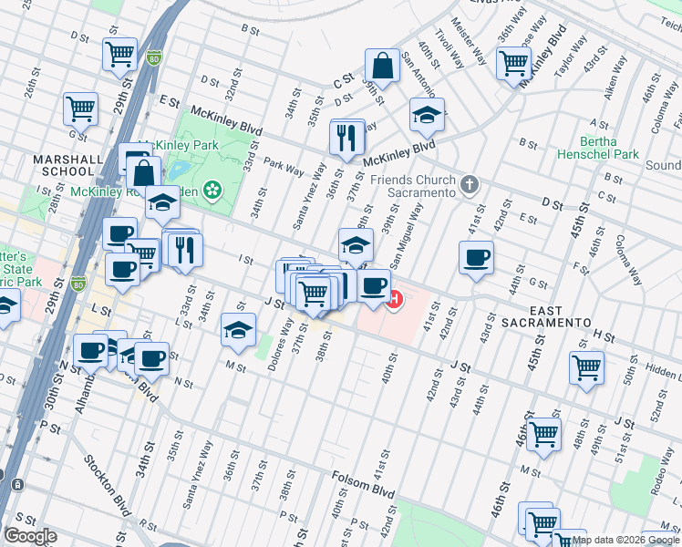 map of restaurants, bars, coffee shops, grocery stores, and more near 825 38th Street in Sacramento